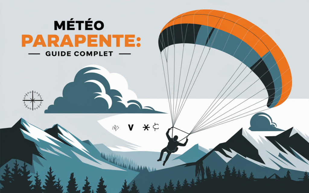 Parapentiste survolant montagnes, carte météo et symboles vent