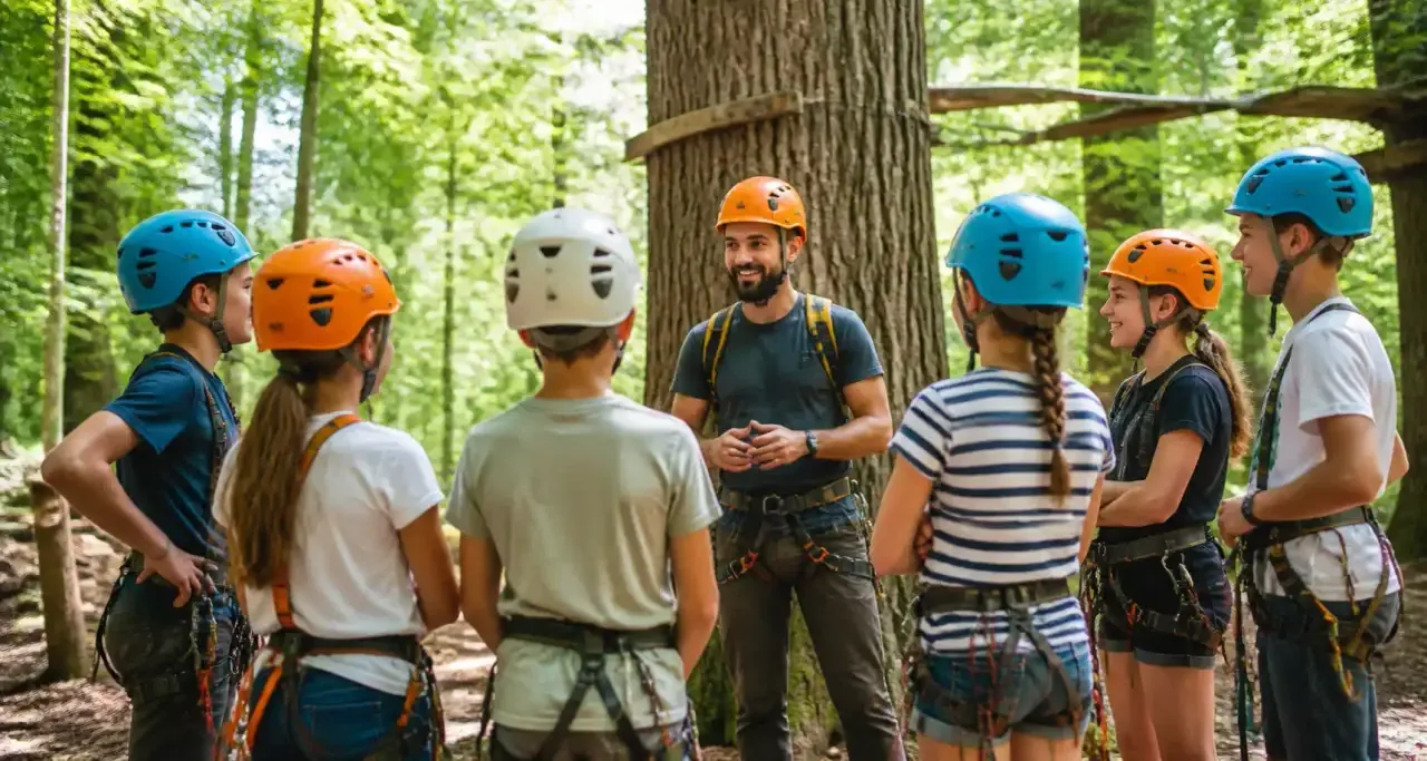 Moniteur donnant les consignes à un groupe d'enfants équipés avant un parcours