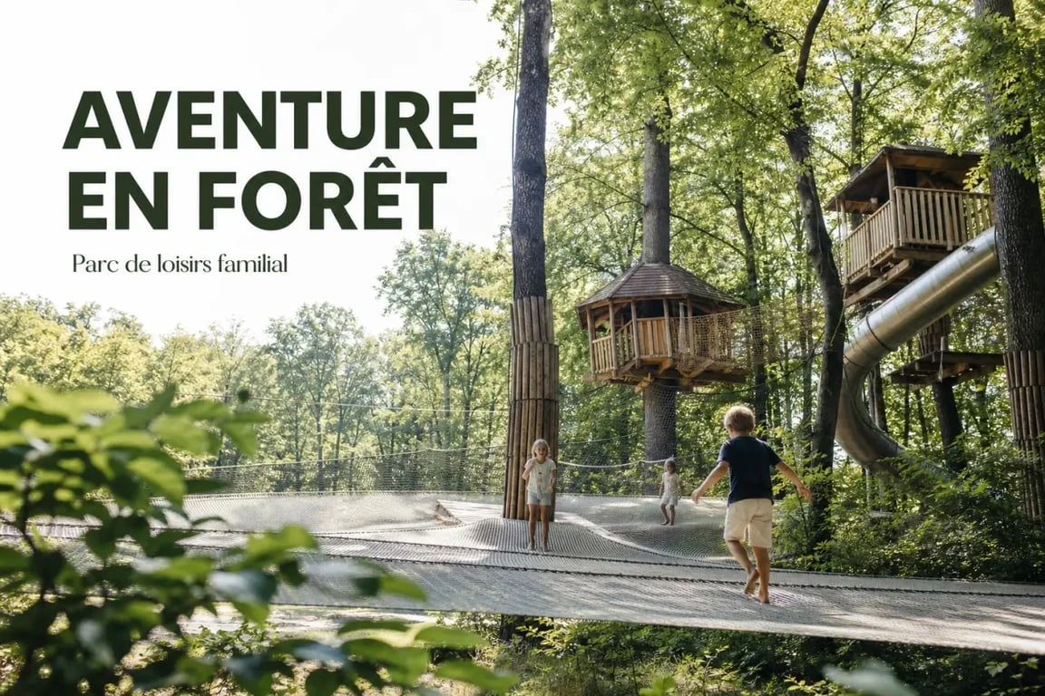 Le Bois des Lutins avis : ambiance du parc familial avec filets suspendus et cabanes perchées