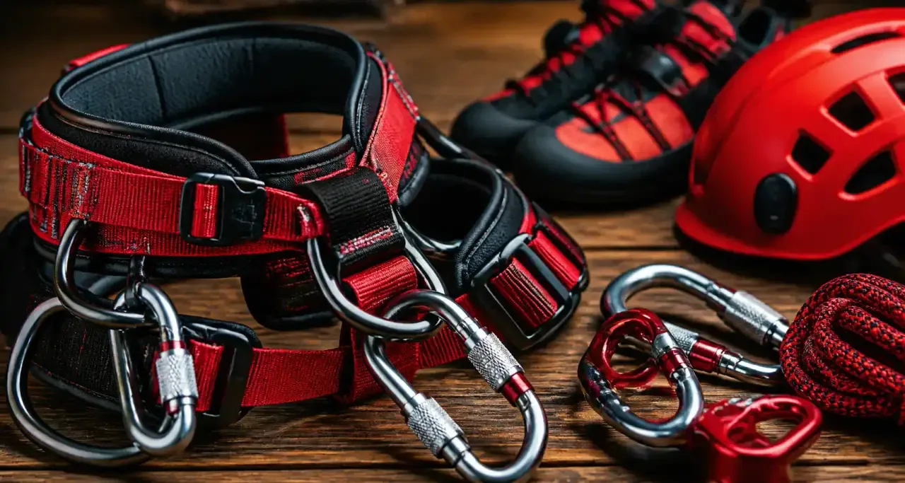 Harnais, mousquetons, casque et chaussures posés sur un établi