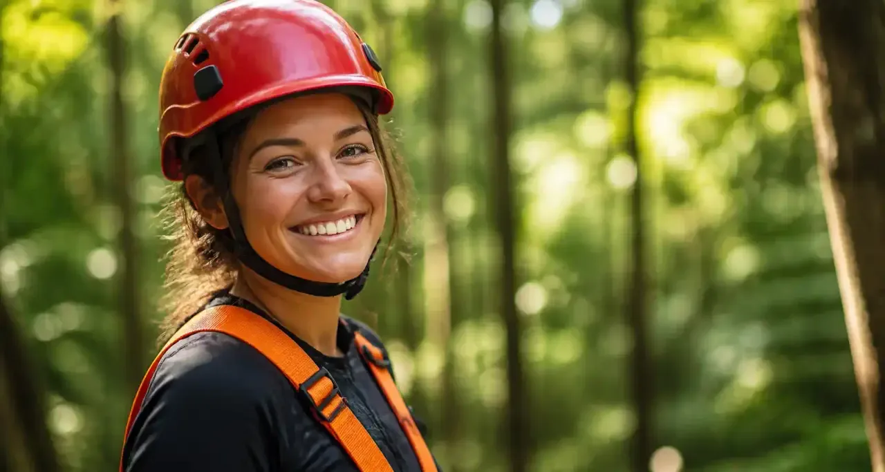 Pratiquante casquée et encordée avant un parcours d'accrobranche en forêt