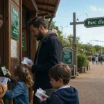 Parc d'attraction normandie : famille devant la billetterie, tickets en main