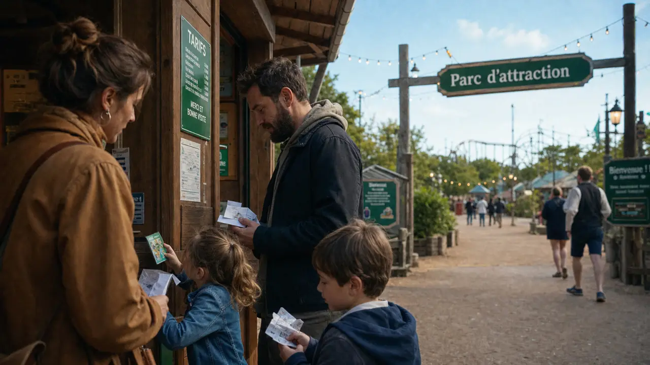 Parc d'attraction normandie : famille devant la billetterie, tickets en main