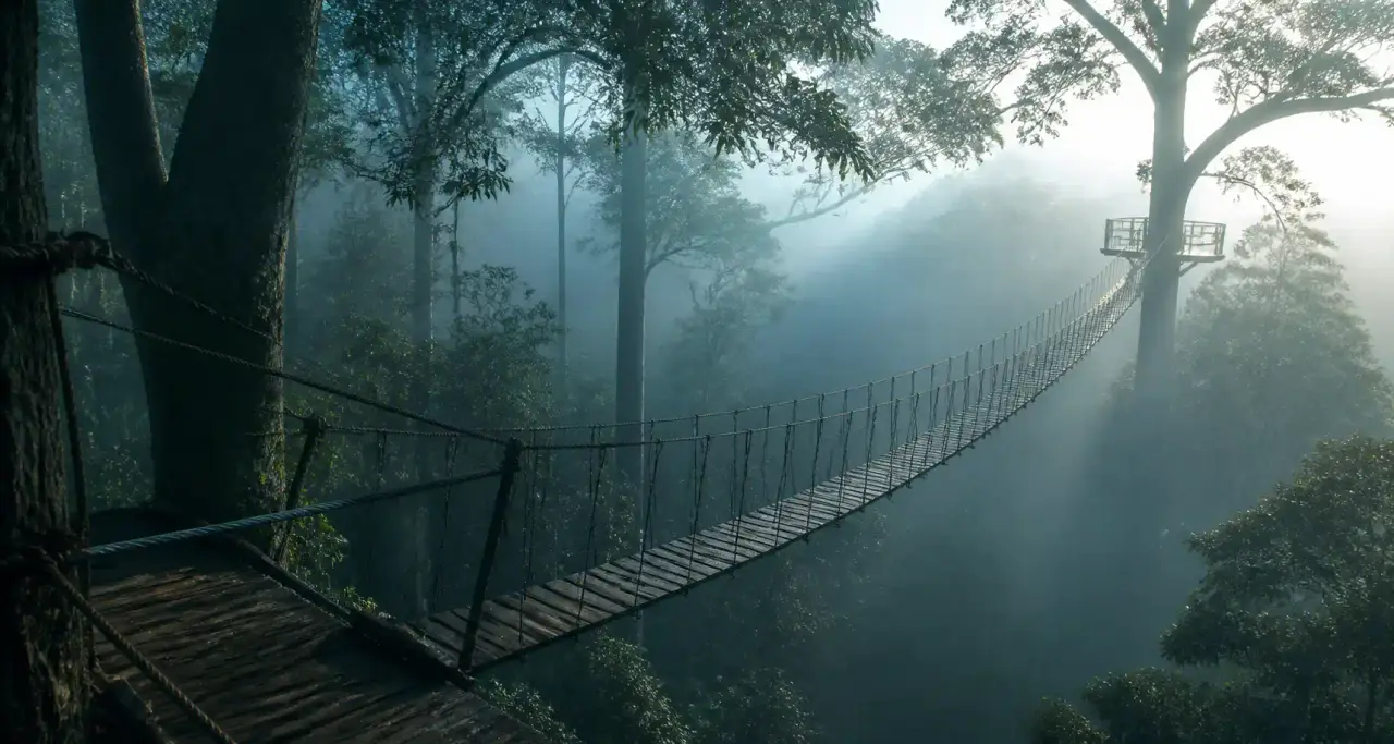 Passerelle népalaise suspendue entre les arbres dans la brume du matin