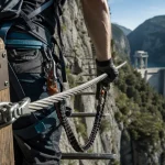 Via ferrata du barrage du sautet : grimpeur sur câble au-dessus du vide