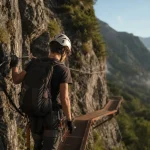 Via ferrata clecy : jeune en harnais sur passerelle métallique