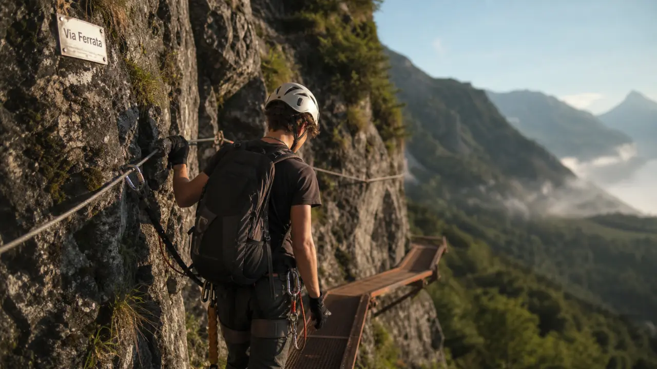 Via ferrata clecy : jeune en harnais sur passerelle métallique