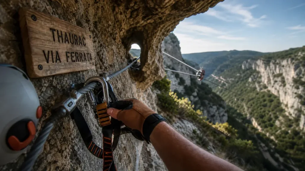Via ferrata du Thaurac : tyrolienne de 35 mètres, grottes et pont de singe