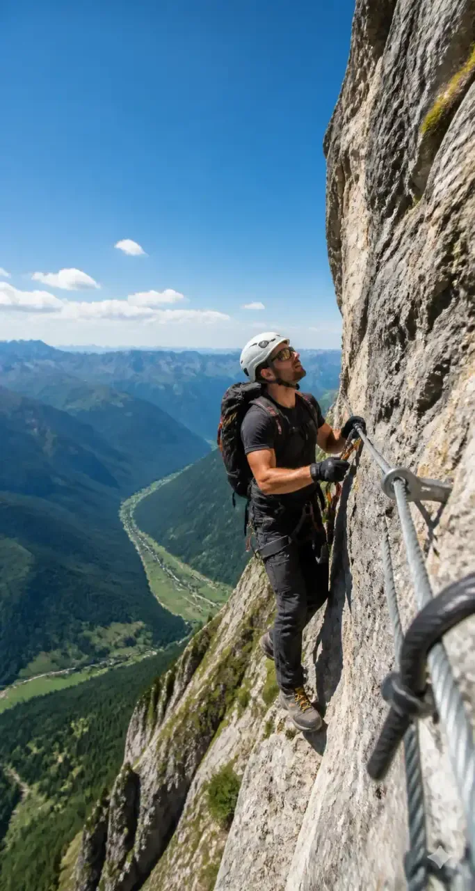Randonneur progressant sur les barreaux d'une via ferrata au-dessus d'une vallée