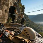 via ferrata ornans ED+ : grimpeurs sur traversée métallique et pont de singe