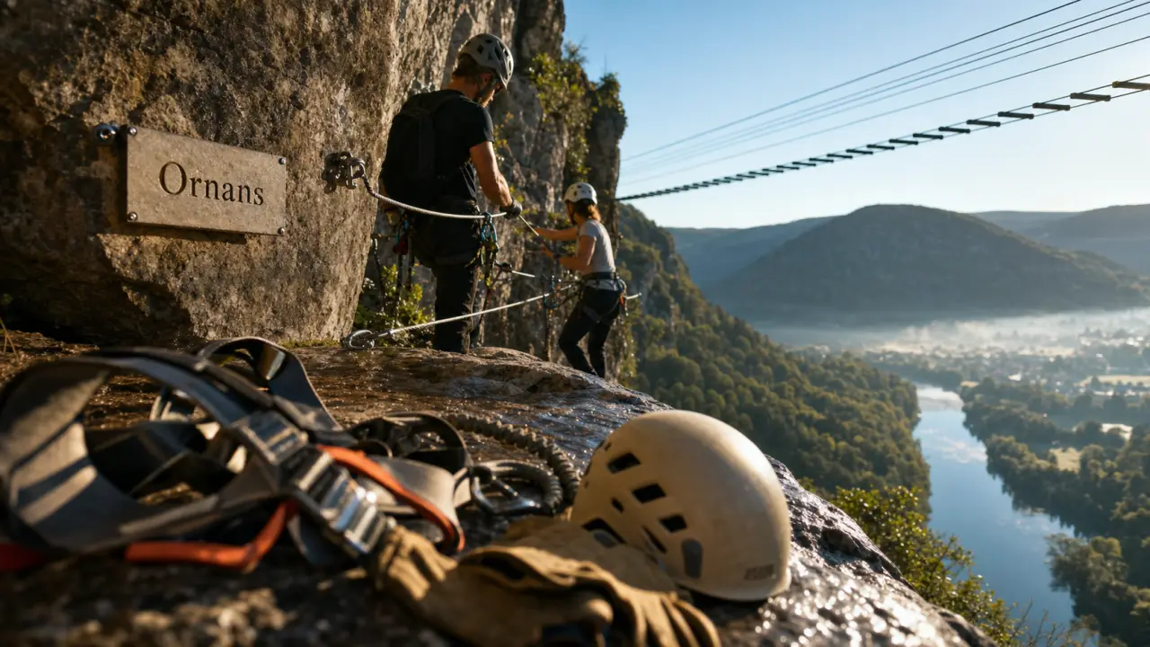 via ferrata ornans ED+ : grimpeurs sur traversée métallique et pont de singe