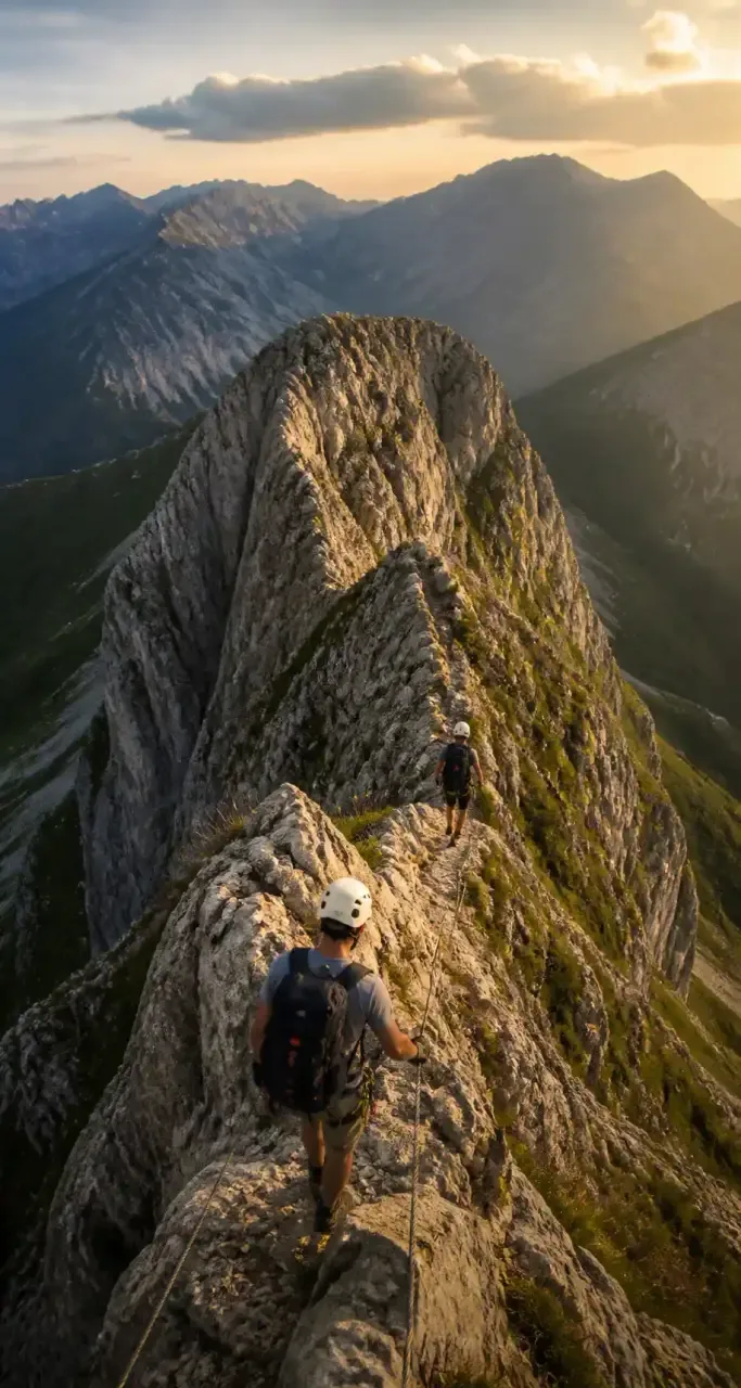 Randonneurs sur une arête rocheuse au coucher du soleil dans les Alpes