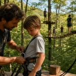 Accrobranche i feel wood parc aventure Sarlat : enfant aidé sur plateforme, parcours tyroliennes