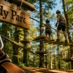 Accrobranche Indy Parc dans la forêt : enfants et adulte sur une passerelle