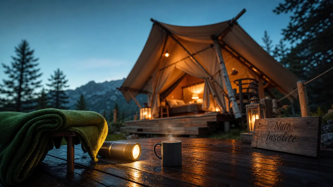 altipik nuit insolite haute savoie week end insolite haute savoie, terrasse et tente glamping au crépuscule