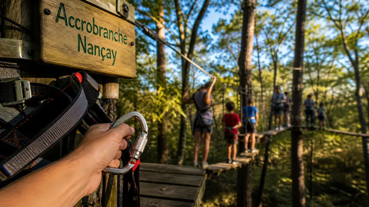 Aventure parc nancay : accrobranche en forêt, harnais et mousqueton