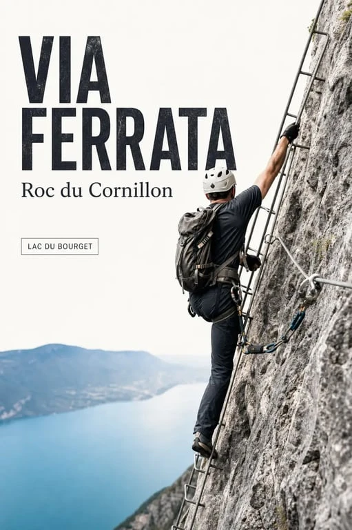 Via ferrata le roc du cornillon en action avec équipement de sécurité et vue sur le lac du Bourget