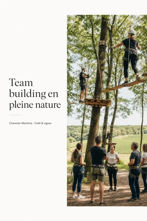 Parc aventure et team building Fontdouce en pleine nature avec un groupe d’entreprise en activité