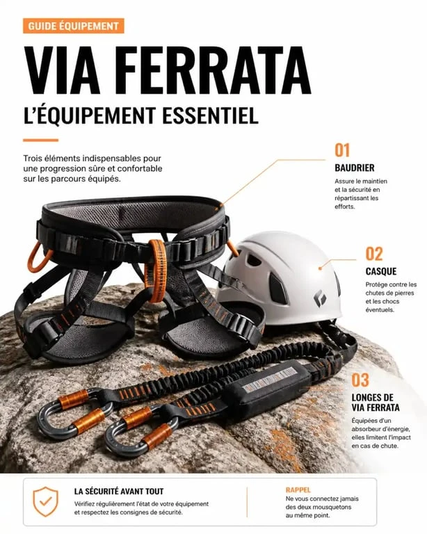 Matériel de sécurité nécessaire pour la via ferrata de Coumély