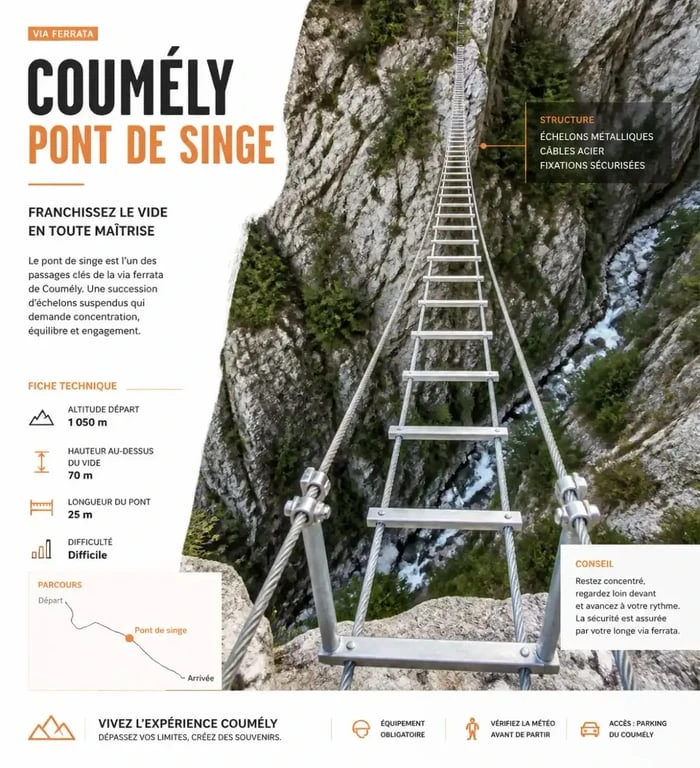 Passage du pont de singe sur la via ferrata de Coumély