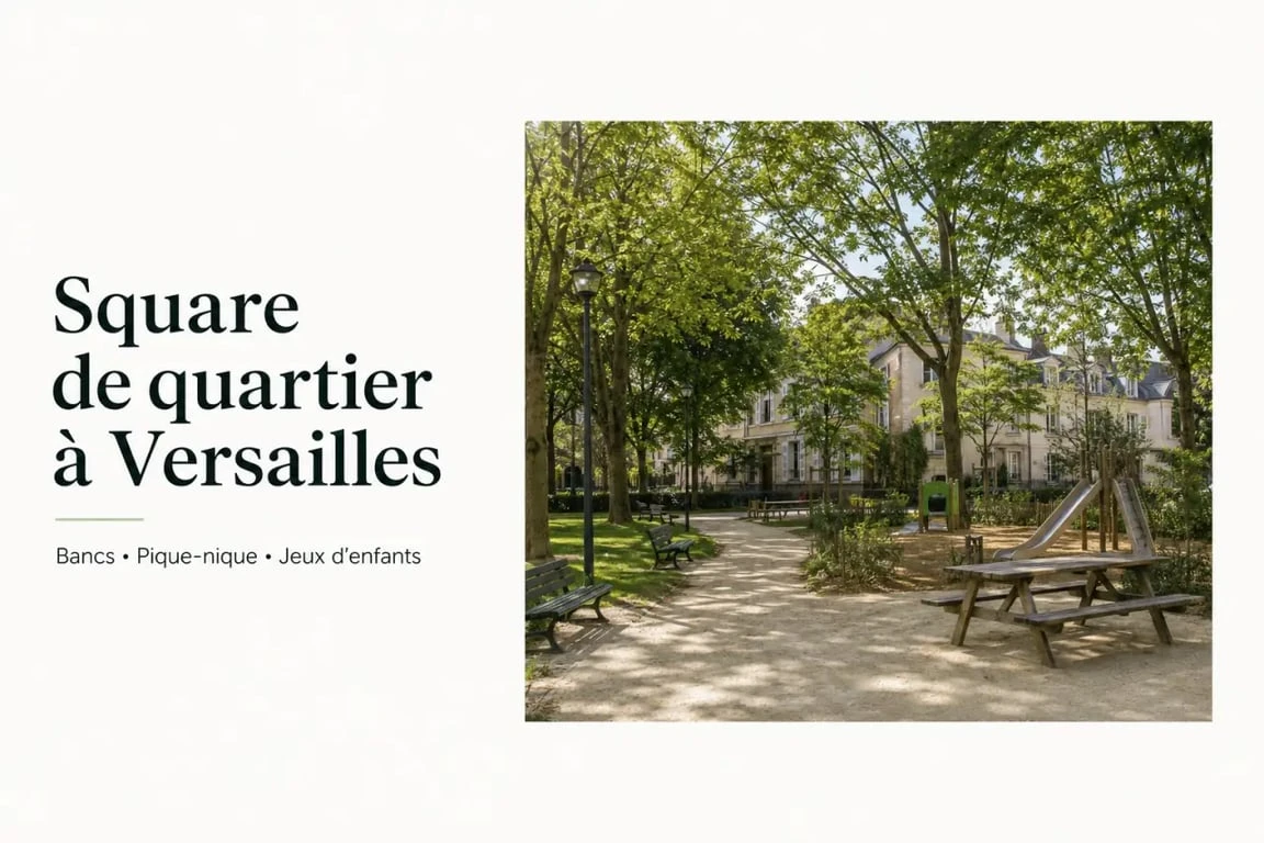 Parc de la Bonne Aventure à Versailles, square public arboré avec bancs et aire de jeux
