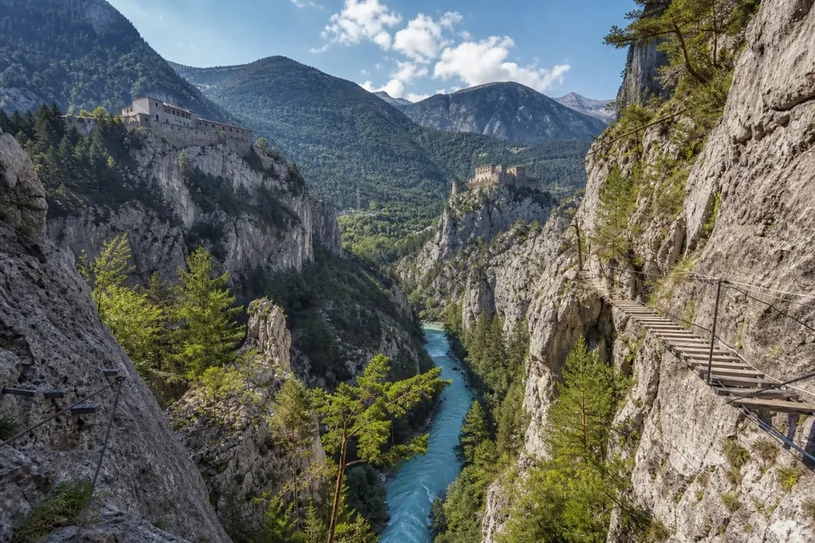 Via ferrata du diable à Aussois, vue panoramique des gorges de l’Arc et des forts de l’Esseillon