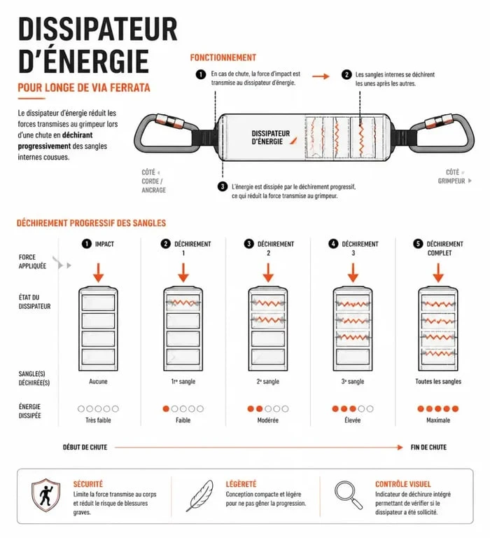 Fonctionnement du dissipateur d'énergie d'une longe pour via ferrata
