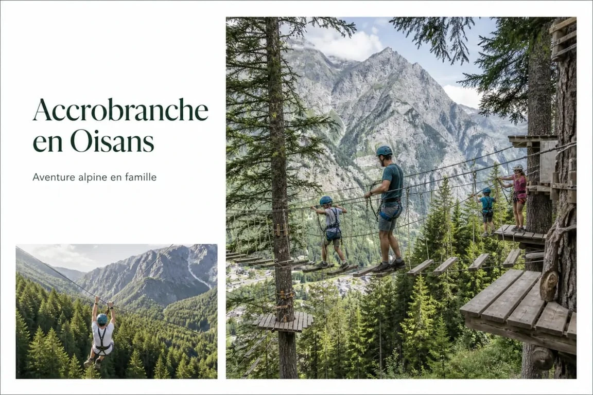 Parc aventure oisans en montagne avec tyroliennes et familles dans les arbres