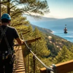 Parc aventure accrobranche de vero : participant en harnais sur passerelle, tyrolienne vers le golfe d’Ajaccio