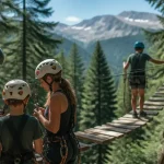 Parc aventure Oisans : famille en accrobranche dans la forêt