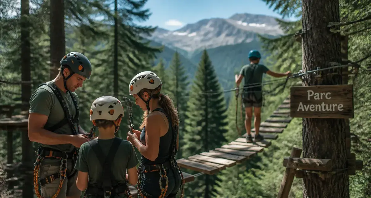 Parc aventure Oisans : famille en accrobranche dans la forêt