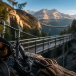 Via ferrata cascade de la Fare : baudrier sur le câble, passerelle aérienne
