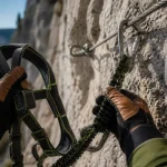Via ferrata chironne : baudrier et câble sur la paroi au Col du Rousset