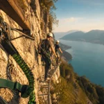 Via ferrata Dent du Chat : longe et câble sur le roc, grimpeurs