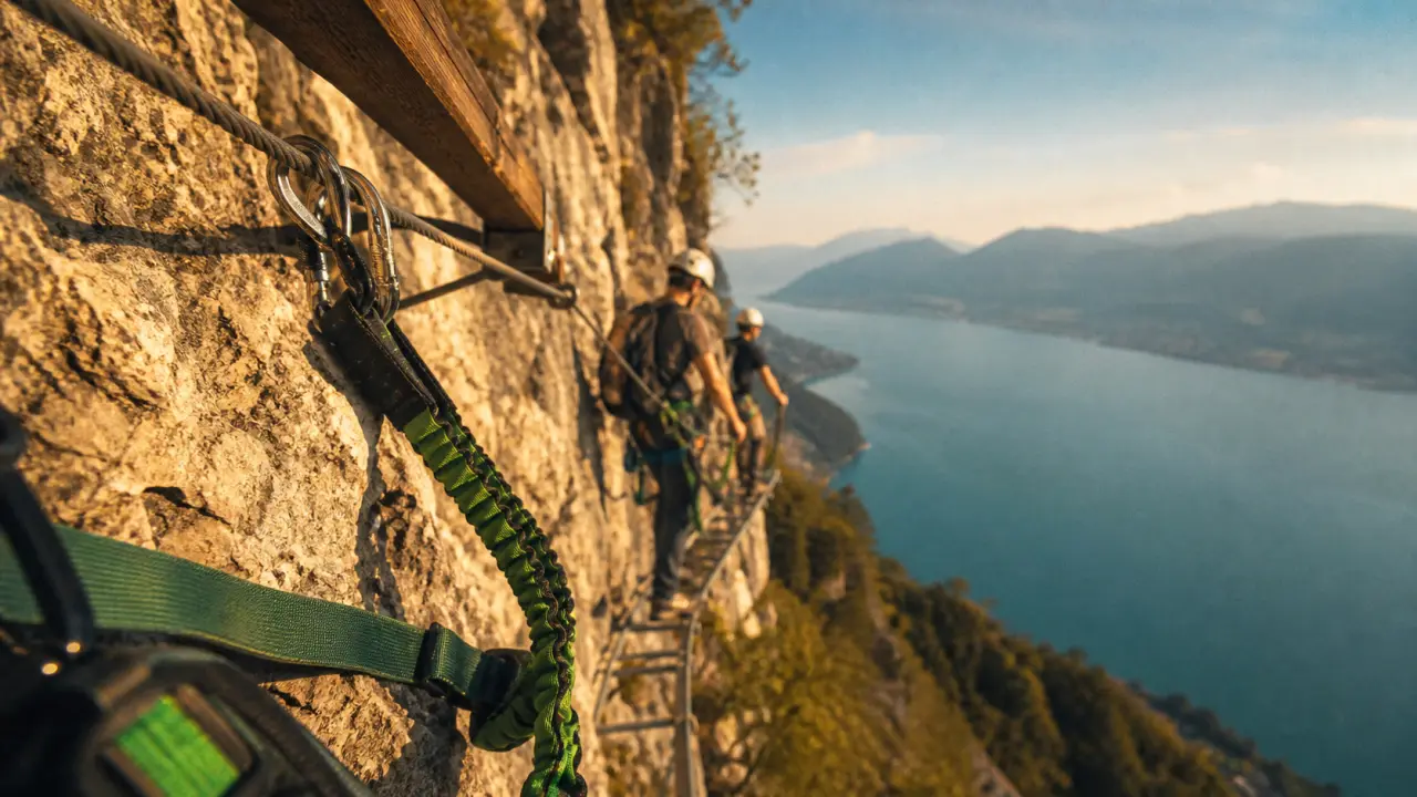 Via ferrata Dent du Chat : longe et câble sur le roc, grimpeurs