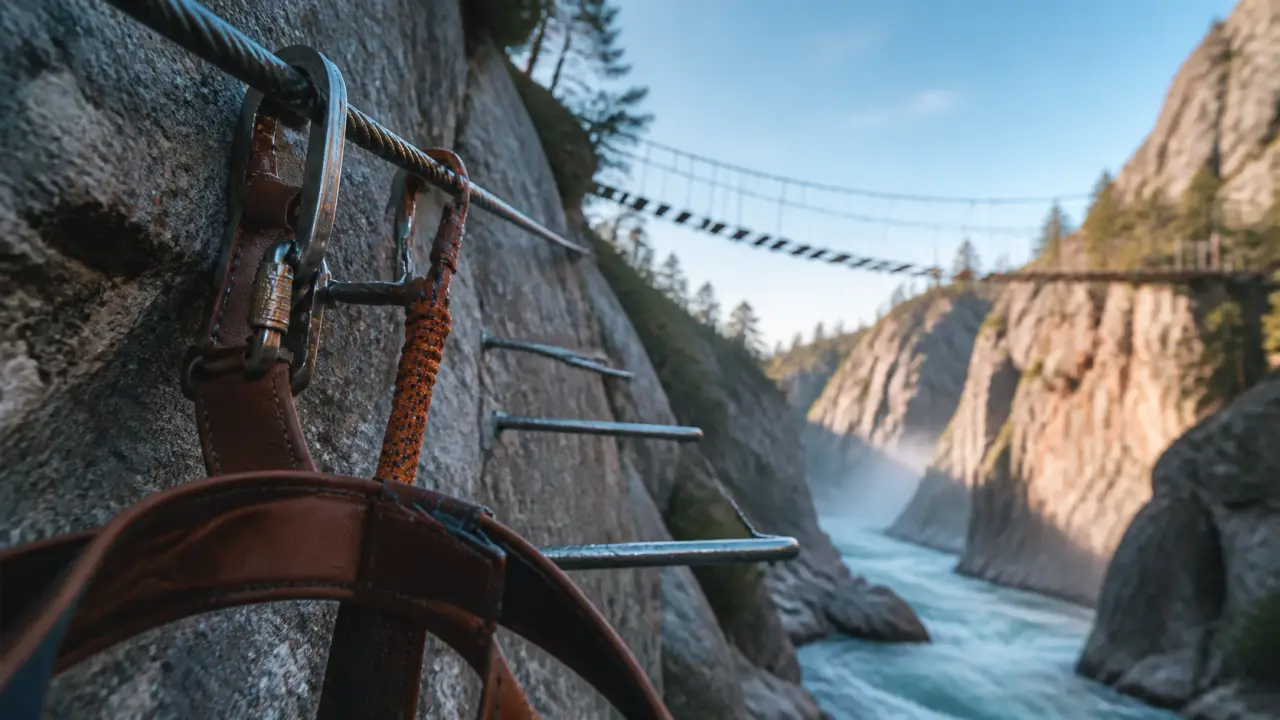 Via ferrata des gorges d'Ailefroide : passage aérien au-dessus du torrent