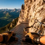 Via ferrata la tour du jallouvre : passerelle en acier et vue sur les Aravis