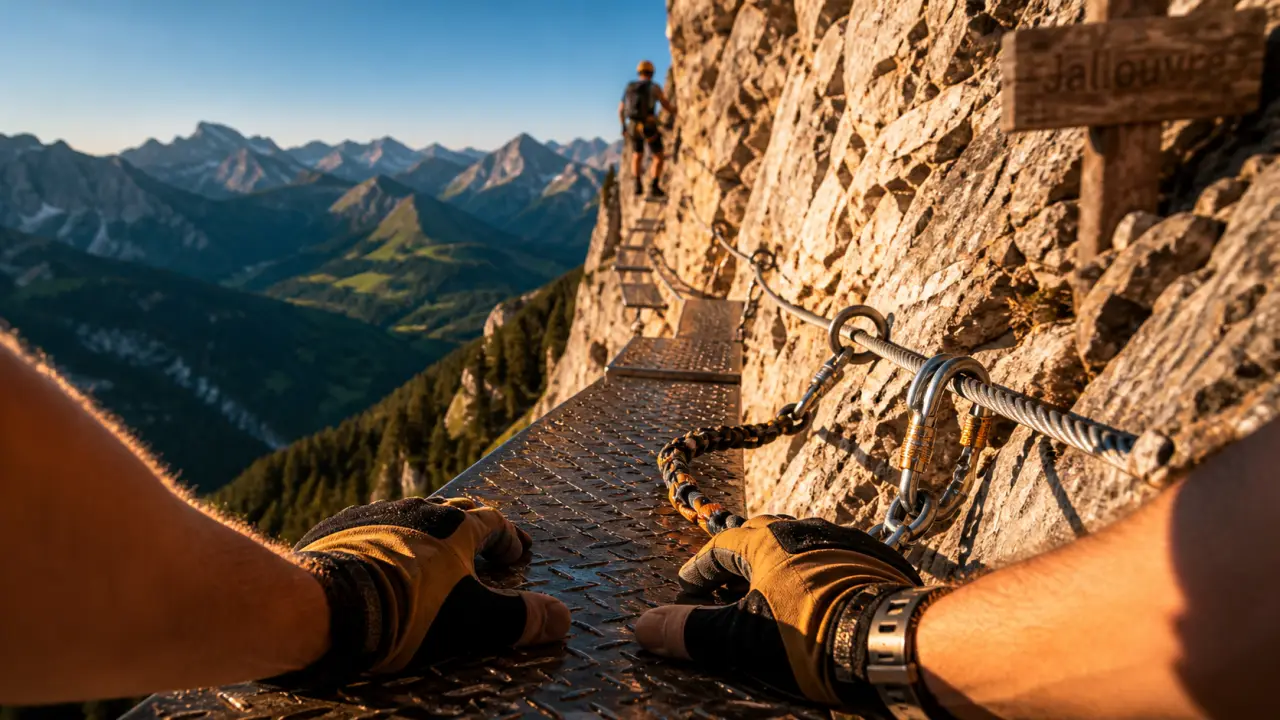 Via ferrata la tour du jallouvre : passerelle en acier et vue sur les Aravis