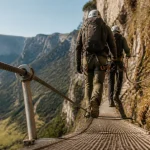 Via ferrata de la roche veyrand : deux via-ferratistes sur une passerelle métallique