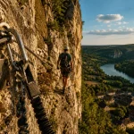 Via ferrata Saint Antonin Noble Val : Roc d’Anglars, baudrier et grimpeur sur câble