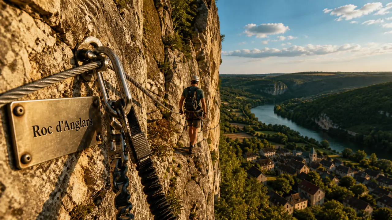 Via ferrata Saint Antonin Noble Val : Roc d’Anglars, baudrier et grimpeur sur câble