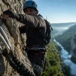 via ferrata thaurac : grimpeur sur câble en falaise, vide et vues sur l’Hérault