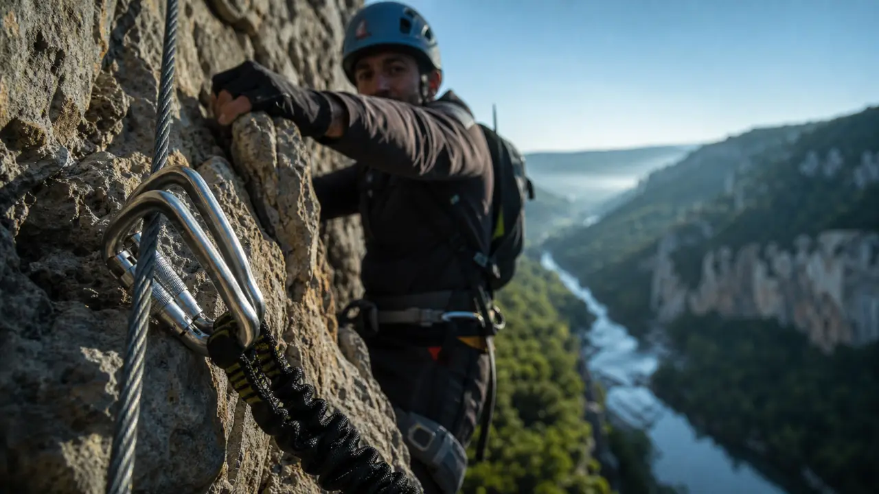via ferrata thaurac : grimpeur sur câble en falaise, vide et vues sur l’Hérault