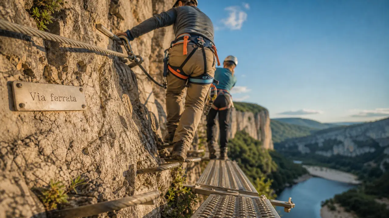 Via ferrata vallon pont d’arc : guide et débutante sur câble