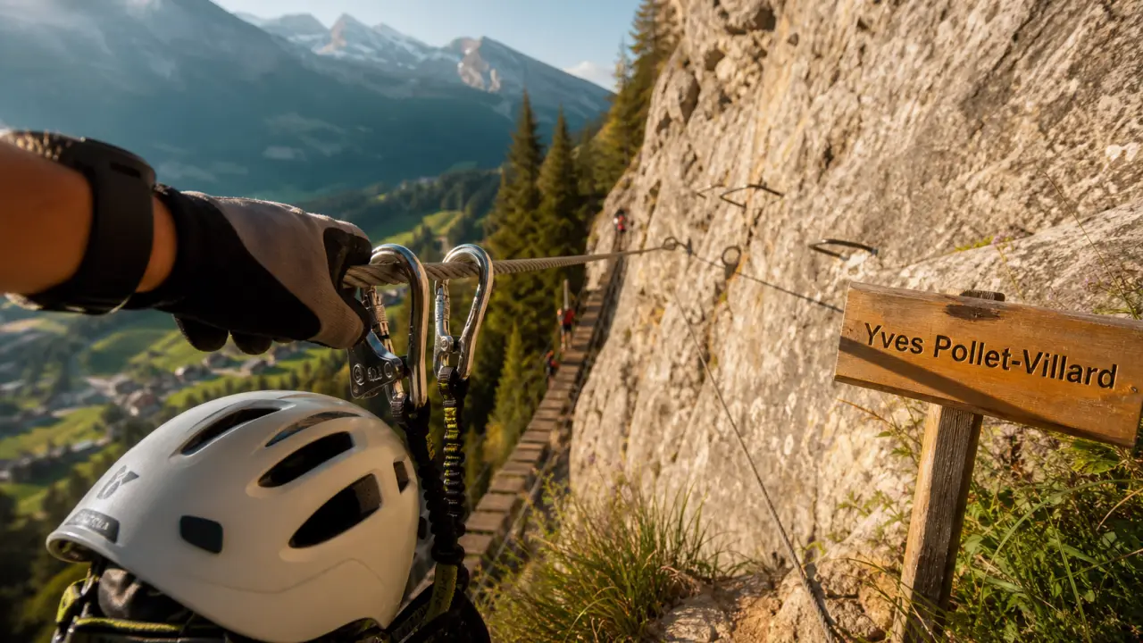 via ferrata yves pollet villard : départ sur câble, casque et baudrier
