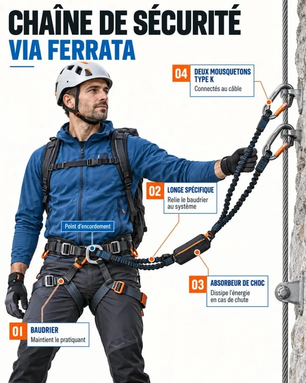 Infographie sur le baudrier via ferrata, la longe, l’absorbeur de choc et la connexion au câble
