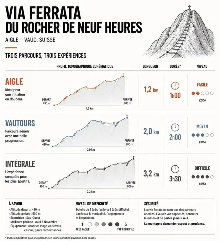 Comparatif des trois parcours de la via ferrata du Rocher de Neuf Heures à Digne-les-Bains