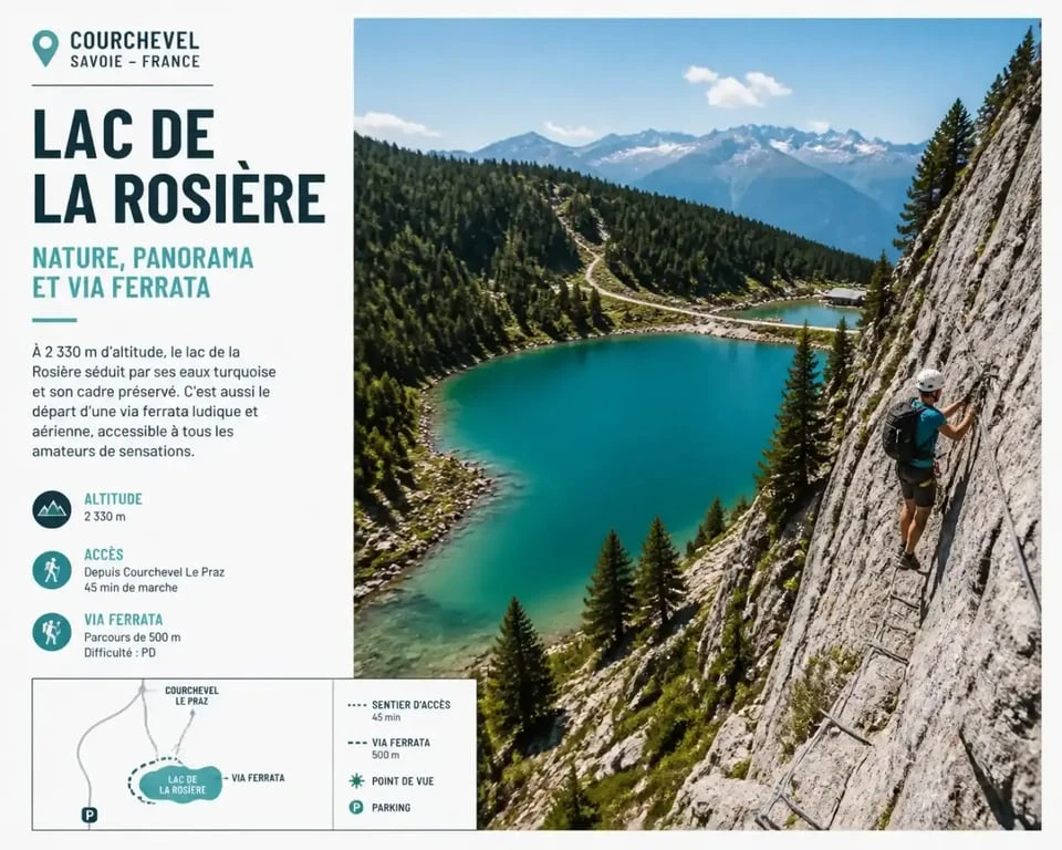 Vue panoramique du Lac de la Rosière et de la via ferrata à Courchevel