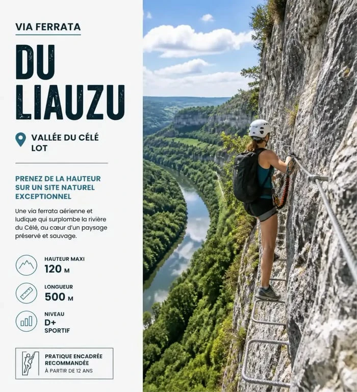 Climber on the Via Ferrata du Liauzu in the Lot valley