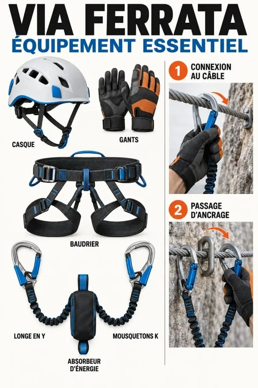 Matériel de via ferrata avec baudrier, casque, gants et longe en Y avec absorbeur
